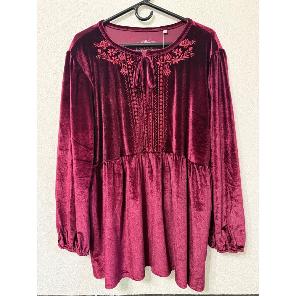 Panhandle Burgundy Velvet Embroidered Babydoll Top XXL Peasant Western Boho